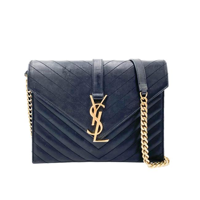 Saint Laurent Envelope Lambskin Matelasse Chevron Medium Monogram Satchel Black Leather Shoulder Bag