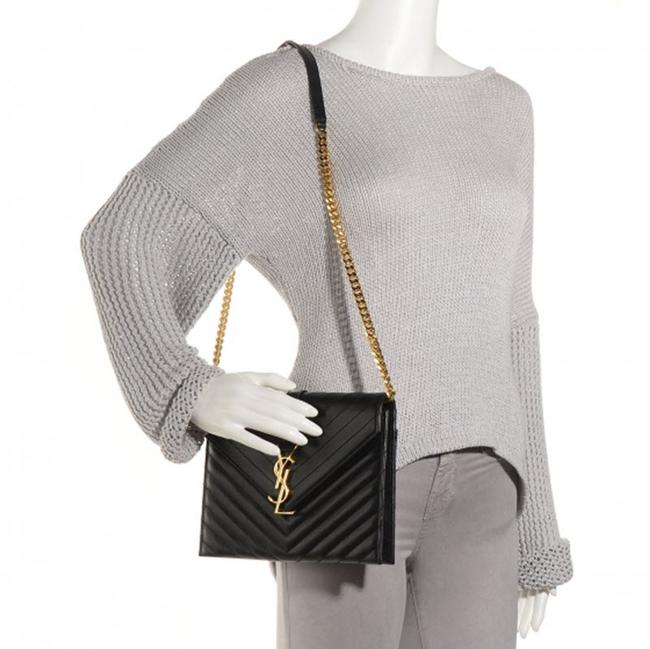 Saint Laurent Envelope Lambskin Matelasse Chevron Medium Monogram Satchel Black Leather Shoulder Bag