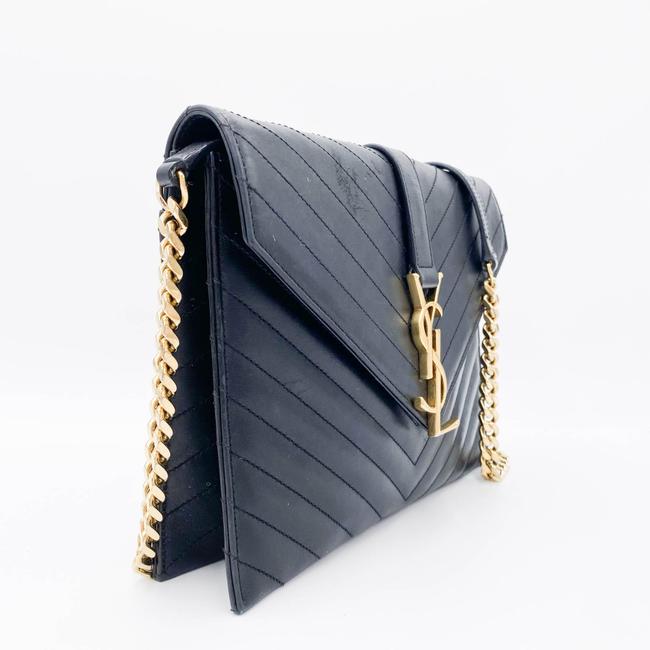 Saint Laurent Envelope Lambskin Matelasse Chevron Medium Monogram Satchel Black Leather Shoulder Bag