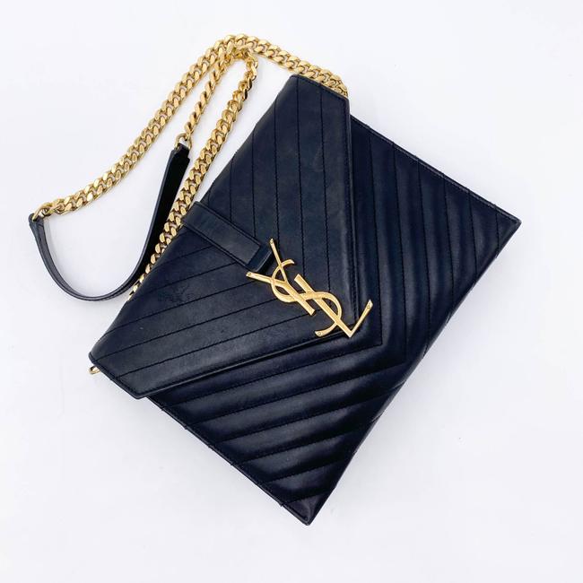 Saint Laurent Envelope Lambskin Matelasse Chevron Medium Monogram Satchel Black Leather Shoulder Bag
