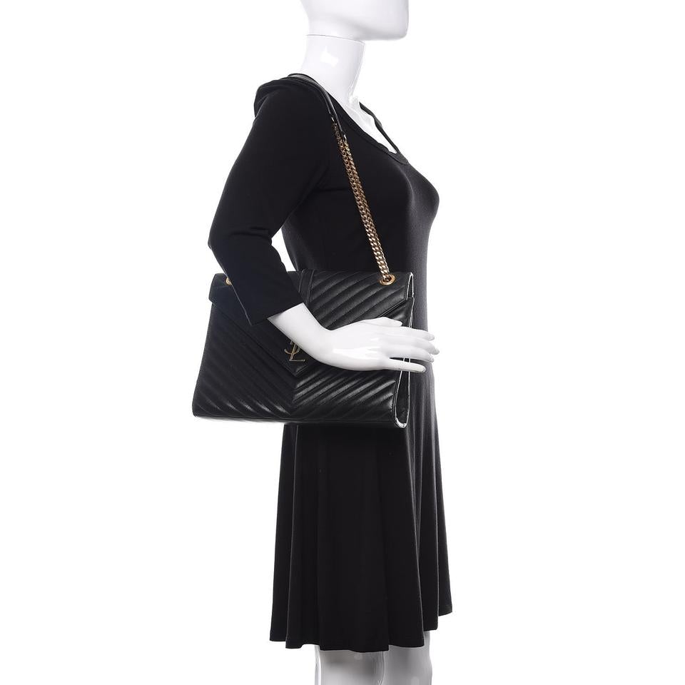Saint Laurent Grain De Poudre Matelasse Chevron Large Monogram Black Leather Satchel