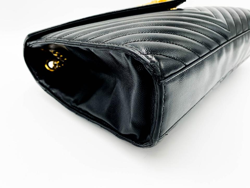 Saint Laurent Grain De Poudre Matelasse Chevron Large Monogram Black Leather Satchel