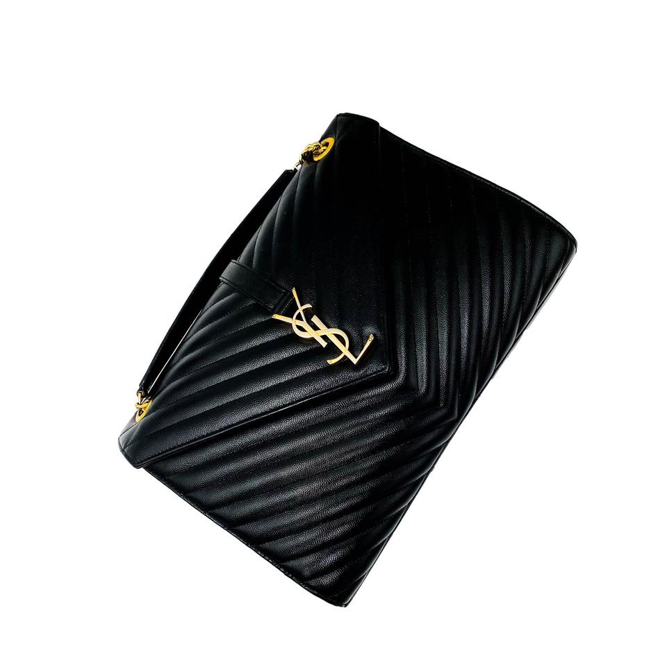 Saint Laurent Grain De Poudre Matelasse Chevron Large Monogram Black Leather Satchel