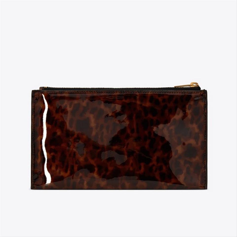 Saint Laurent Monogram Bill Pouch In Tortoiseshell Brown Patent Leather Clutch