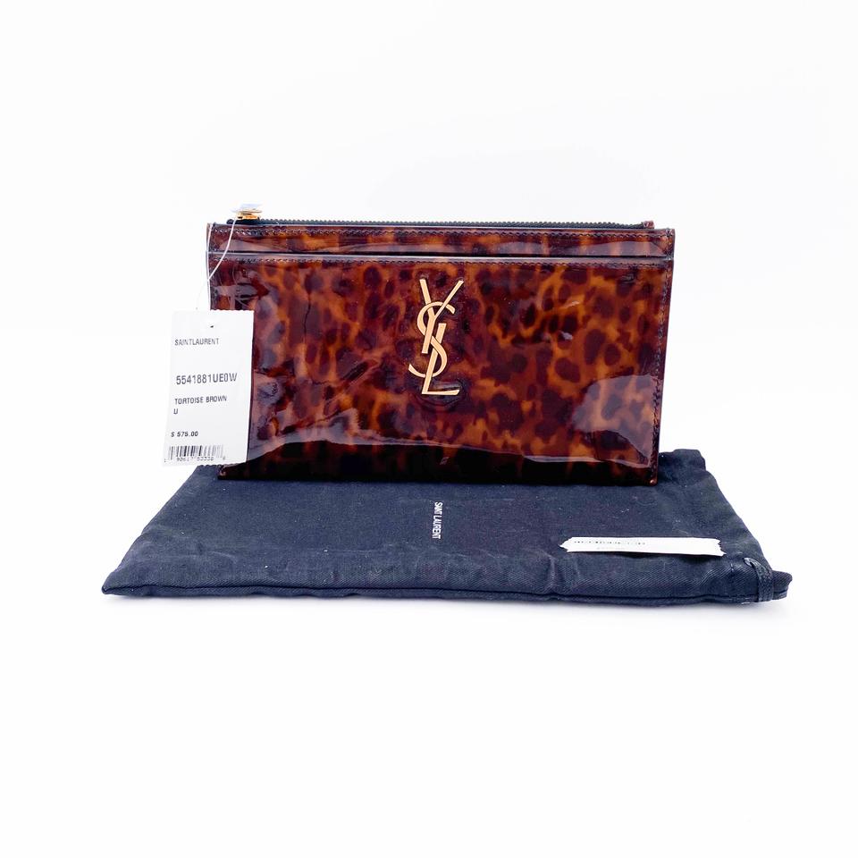 Saint Laurent Monogram Bill Pouch In Tortoiseshell Brown Patent Leather Clutch