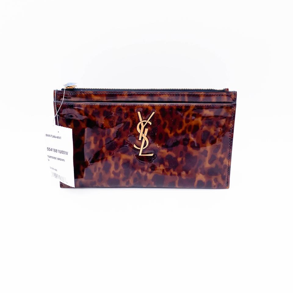 Saint Laurent Monogram Bill Pouch In Tortoiseshell Brown Patent Leather Clutch
