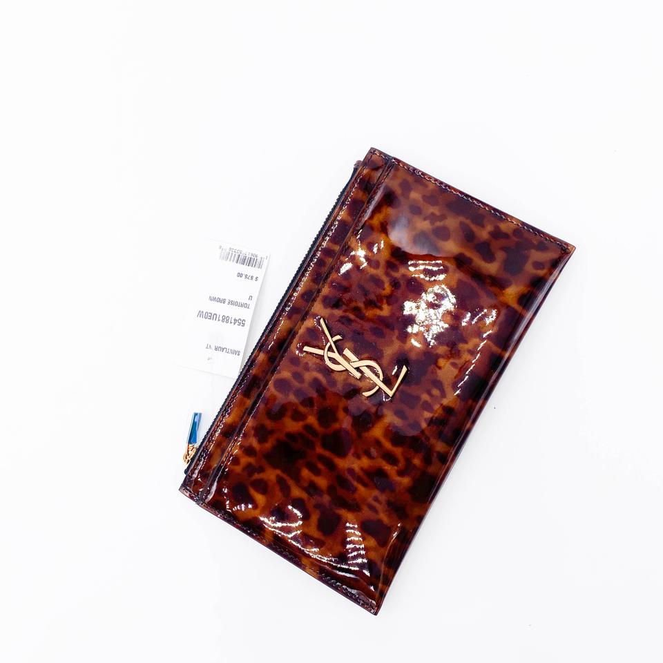 Saint Laurent Monogram Bill Pouch In Tortoiseshell Brown Patent Leather Clutch