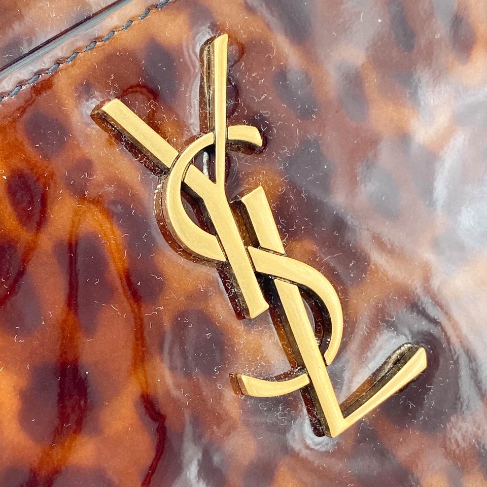 Saint Laurent Monogram Bill Pouch In Tortoiseshell Brown Patent Leather Clutch