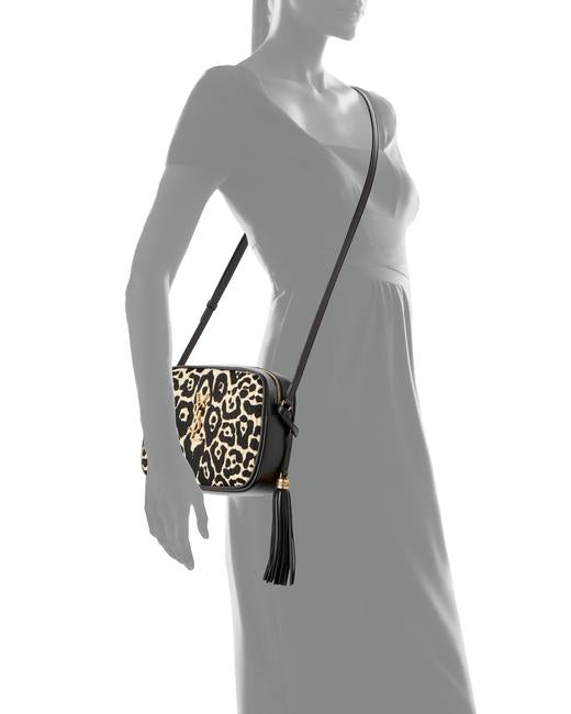 Saint Laurent Monogram Camera Lou Medium Animal-print Raffia Ysl Black Leather Cross Body Bag