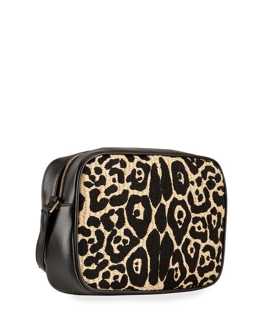 Saint Laurent Monogram Camera Lou Medium Animal-print Raffia Ysl Black Leather Cross Body Bag