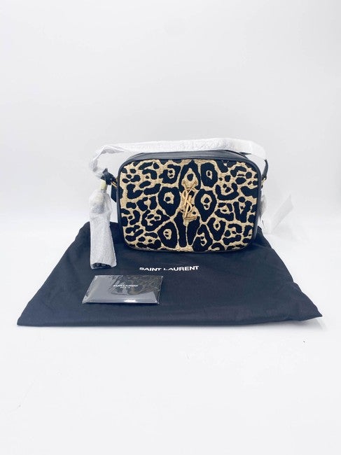 Saint Laurent Monogram Camera Lou Medium Animal-print Raffia Ysl Black Leather Cross Body Bag