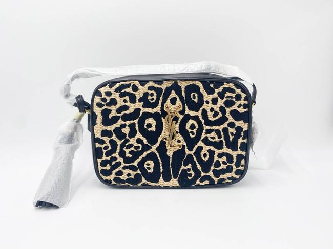 Saint Laurent Monogram Camera Lou Medium Animal-print Raffia Ysl Black Leather Cross Body Bag