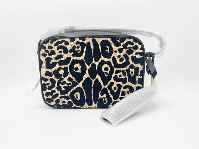 Saint Laurent Monogram Camera Lou Medium Animal-print Raffia Ysl Black Leather Cross Body Bag