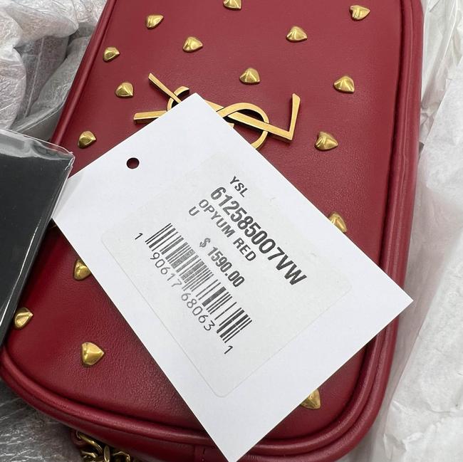 Saint Laurent Monogram Camera Lou Mini Heart Stud Lambskin Red Leather Cross Body Bag