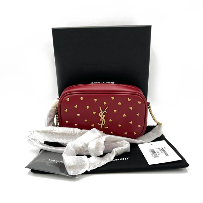 Saint Laurent Monogram Camera Lou Mini Heart Stud Lambskin Red Leather Cross Body Bag