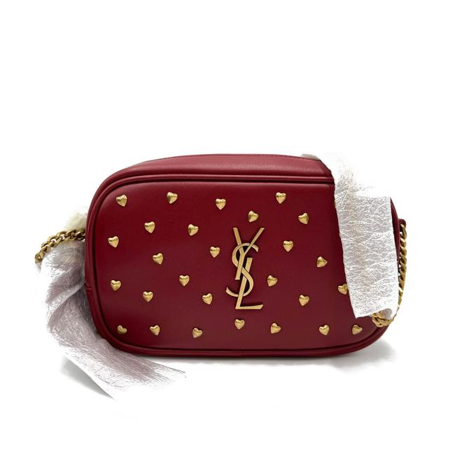 Saint Laurent Monogram Camera Lou Mini Heart Stud Lambskin Red Leather Cross Body Bag