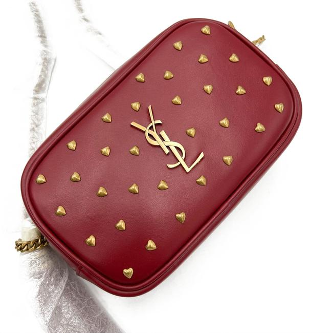 Saint Laurent Monogram Camera Lou Mini Heart Stud Lambskin Red Leather Cross Body Bag