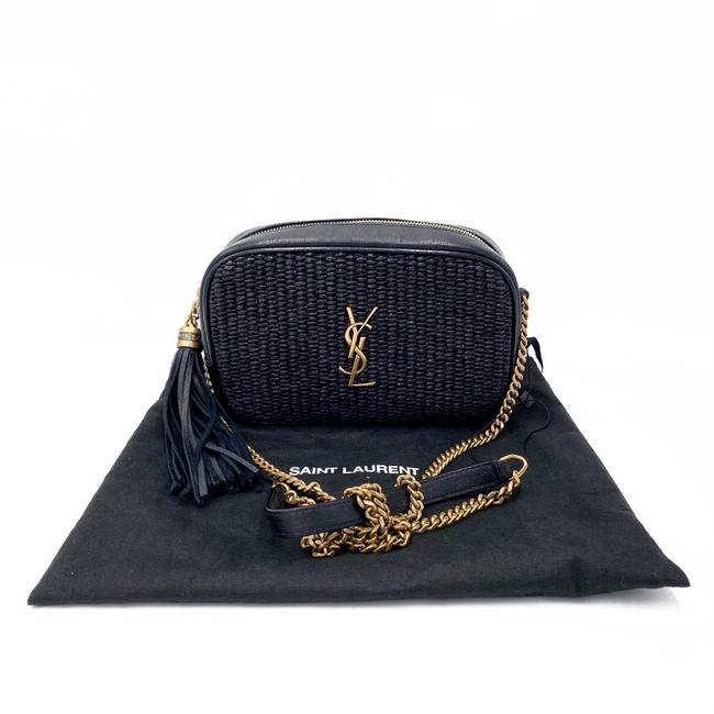 Saint Laurent Monogram Camera Lou Mini Raffia Black Leather Cross Body Bag