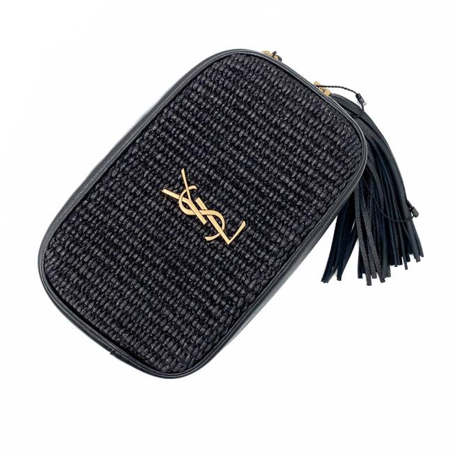 Saint Laurent Monogram Camera Lou Mini Raffia Black Leather Cross Body Bag