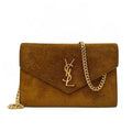 Saint Laurent Monogram Envelope Chain Wallet Carmel Brown Suede Leather Cross Body Bag