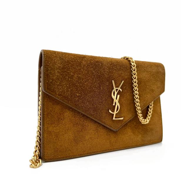 Saint Laurent Monogram Envelope Chain Wallet Carmel Brown Suede Leather Cross Body Bag