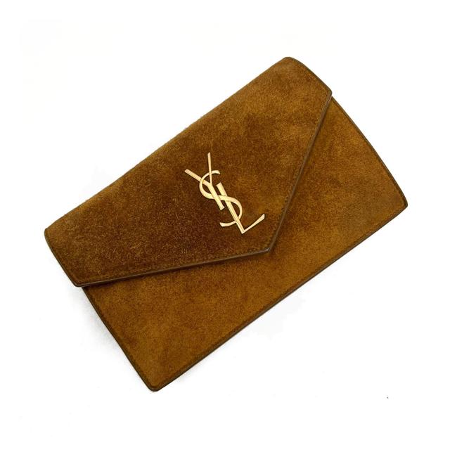 Saint Laurent Monogram Envelope Chain Wallet Carmel Brown Suede Leather Cross Body Bag