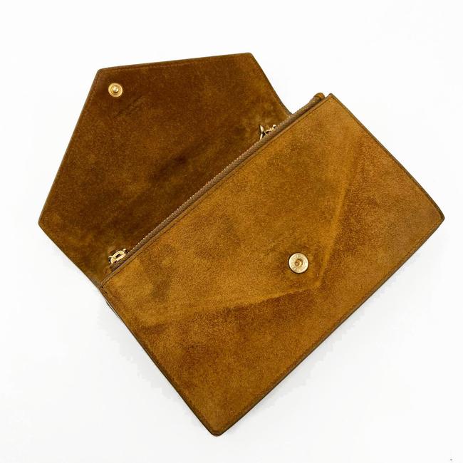 Saint Laurent Monogram Envelope Chain Wallet Carmel Brown Suede Leather Cross Body Bag