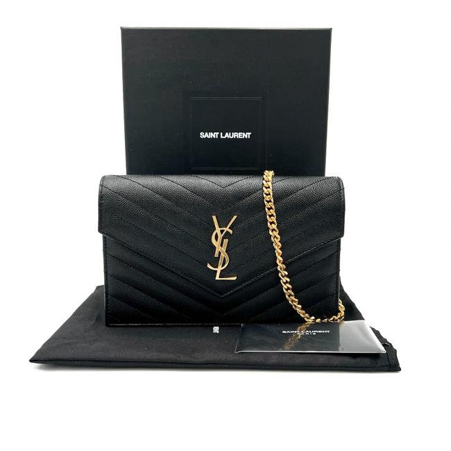 Saint Laurent Monogram Envelope Chain Wallet Clutch Ysl Woc In Grained Black Leather Cross Body Bag