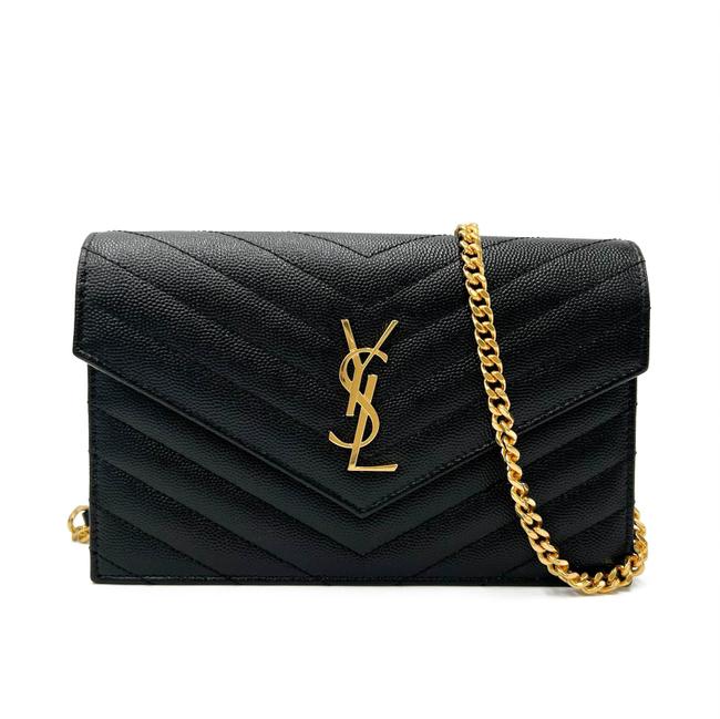 Saint Laurent Monogram Envelope Chain Wallet Clutch Ysl Woc In Grained Black Leather Cross Body Bag