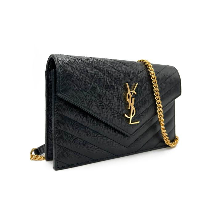 Saint Laurent Monogram Envelope Chain Wallet Clutch Ysl Woc In Grained Black Leather Cross Body Bag