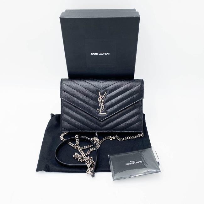 Saint Laurent Monogram Envelope Chain Wallet Grain De Poudre Matelasse Black Leather Cross Body Bag