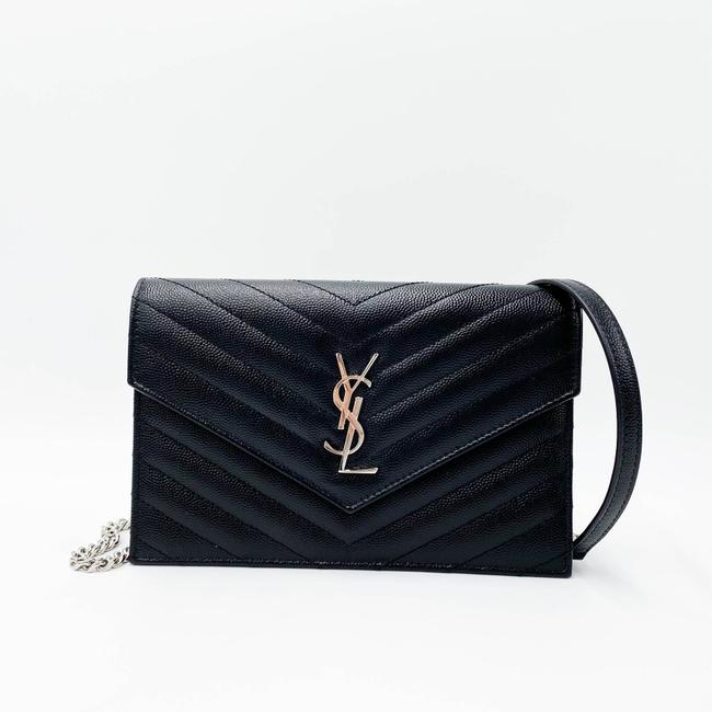 Saint Laurent Monogram Envelope Chain Wallet Grain De Poudre Matelasse Black Leather Cross Body Bag