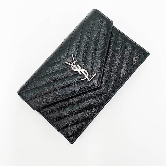 Saint Laurent Monogram Envelope Chain Wallet Grain De Poudre Matelasse Black Leather Cross Body Bag