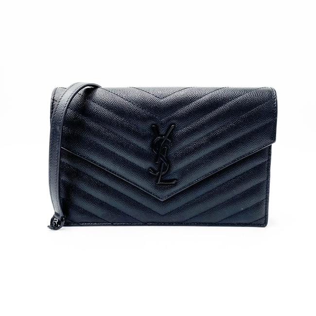 Saint Laurent Chain Wallet Monogram Envelope Grain De Poudre Matelasse Chevron Woc Black Leather Shoulder Bag