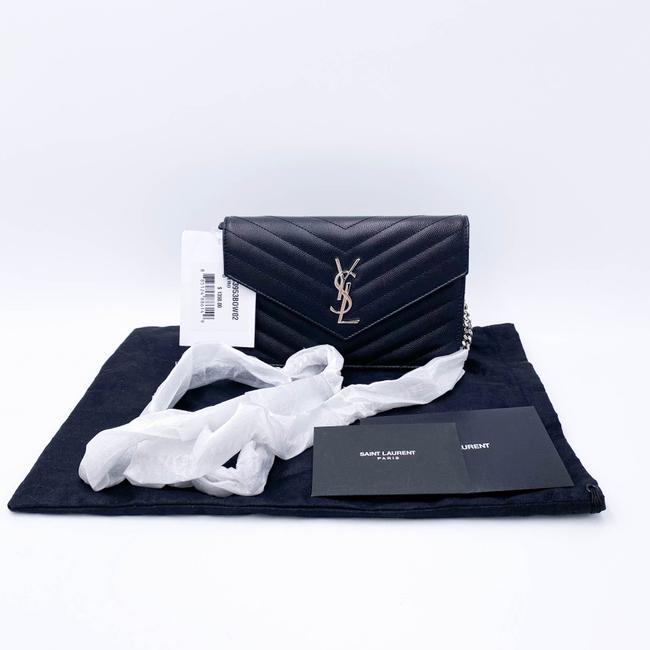 Saint Laurent Monogram Envelope Chain Wallet Grain De Poudre Matelasse Chevron Black Leather Shoulder Bag