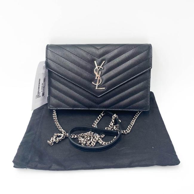 Saint Laurent Chain Wallet Monogram Envelope Grain De Poudre Matelasse Chevron Woc Black Leather Shoulder Bag
