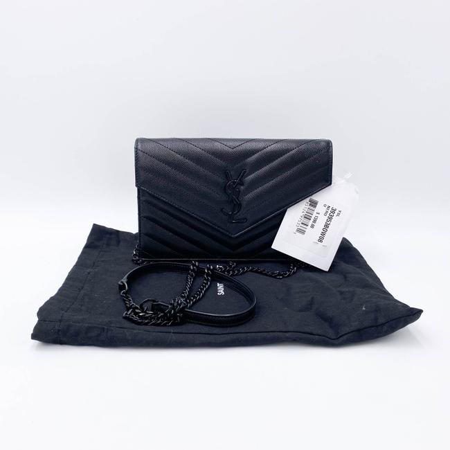 Saint Laurent Monogram Envelope Chain Wallet Grain De Poudre Matelasse Chevron Black Leather Shoulder Bag