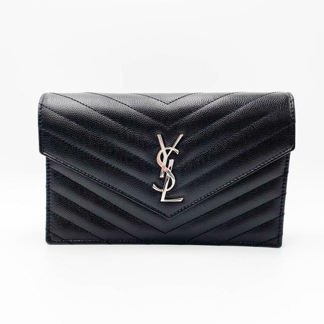 Saint Laurent Monogram Envelope Chain Wallet Grain De Poudre Matelasse Chevron Black Leather Shoulder Bag