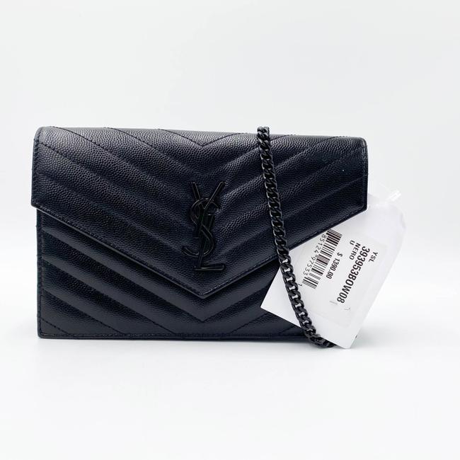 Saint Laurent Monogram Envelope Chain Wallet Grain De Poudre Matelasse Chevron Black Leather Shoulder Bag