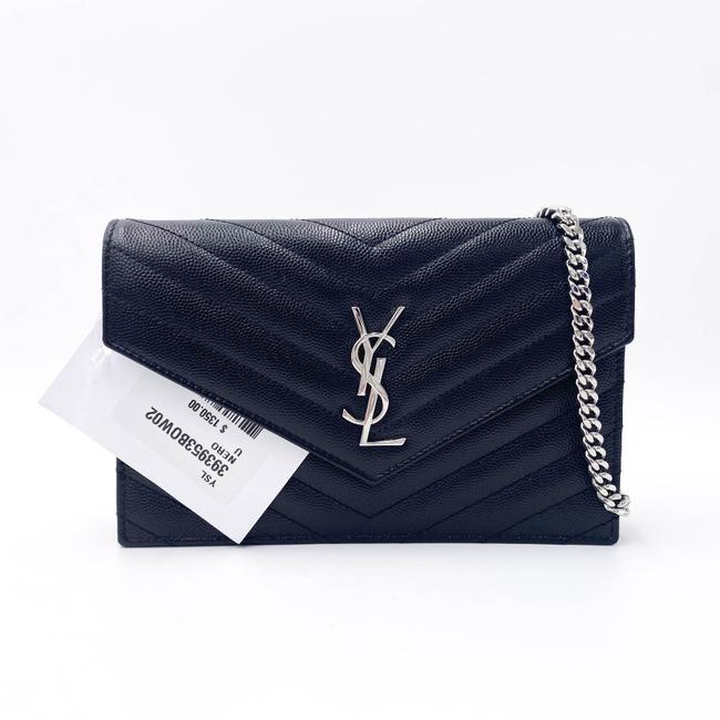 Saint Laurent Chain Wallet Monogram Envelope Grain De Poudre Matelasse Chevron Woc Black Leather Shoulder Bag