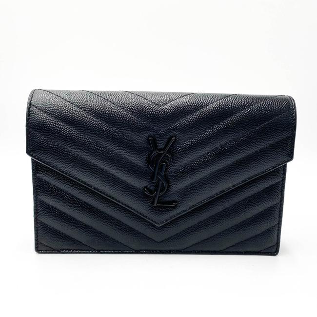 Saint Laurent Chain Wallet Monogram Envelope Grain De Poudre Matelasse Chevron Woc Black Leather Shoulder Bag
