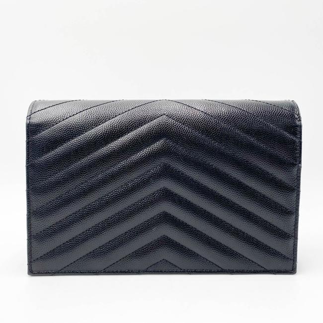 Saint Laurent Monogram Envelope Chain Wallet Grain De Poudre Matelasse Chevron Black Leather Shoulder Bag