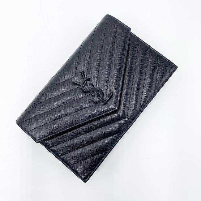 Saint Laurent Monogram Envelope Chain Wallet Grain De Poudre Matelasse Chevron Black Leather Shoulder Bag