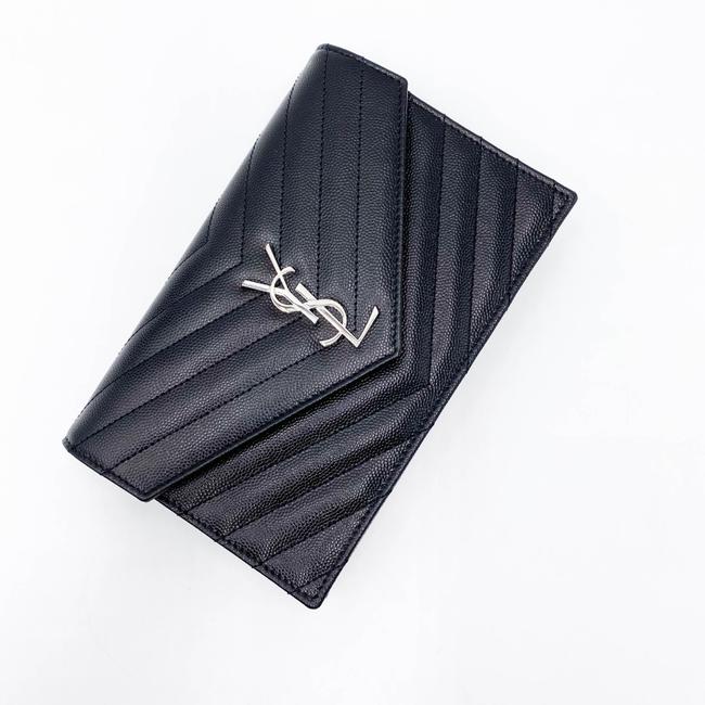 Saint Laurent Monogram Envelope Chain Wallet Grain De Poudre Matelasse Chevron Black Leather Shoulder Bag