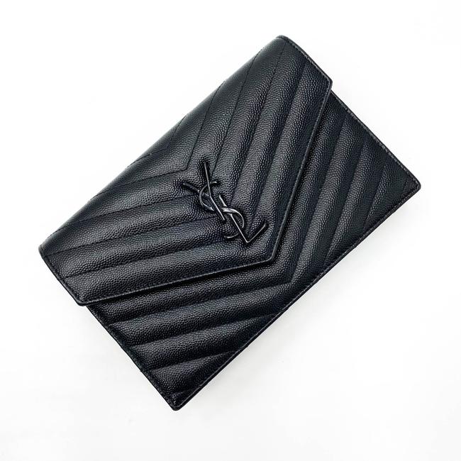 Saint Laurent Chain Wallet Monogram Envelope Grain De Poudre Matelasse Chevron Woc Black Leather Shoulder Bag