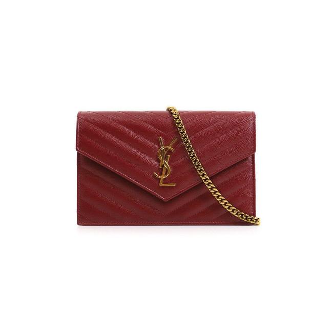 Saint Laurent Monogram Envelope Chain Wallet Grain De Poudre Matelasse Chevron Red Leather Shoulder Bag