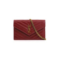 Saint Laurent Monogram Envelope Chain Wallet Grain De Poudre Matelasse Chevron Red Leather Shoulder Bag
