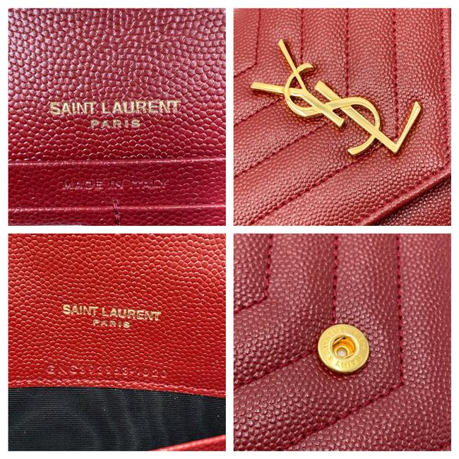Saint Laurent Monogram Envelope Chain Wallet Grain De Poudre Matelasse Chevron Red Leather Shoulder Bag