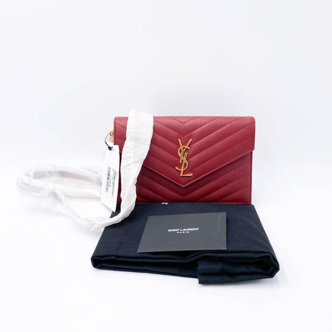 Saint Laurent Monogram Envelope Chain Wallet Grain De Poudre Matelasse Chevron Red Leather Shoulder Bag