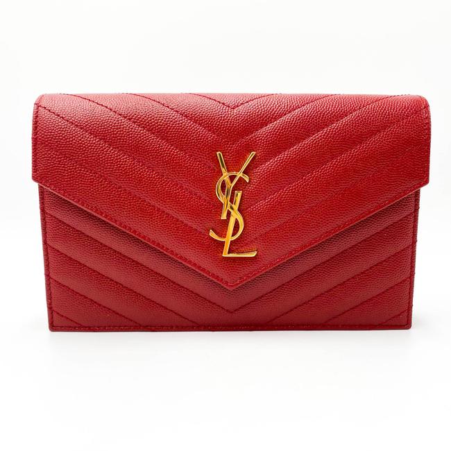 Saint Laurent Monogram Envelope Chain Wallet Grain De Poudre Matelasse Chevron Red Leather Shoulder Bag